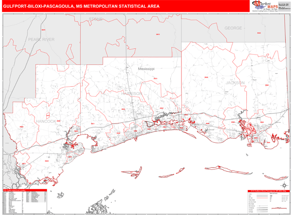 Gulfport-Biloxi-Pascagoula Metro Area Digital Map Red Line Style
